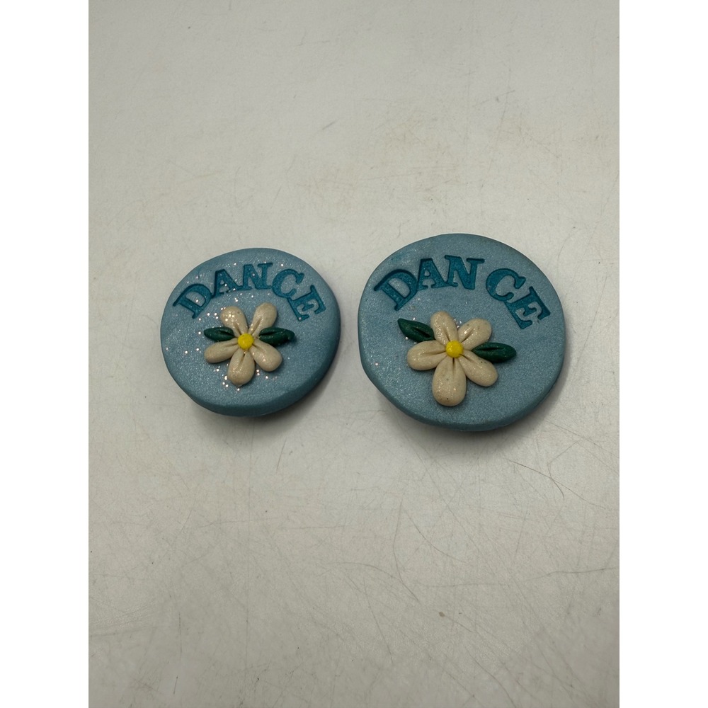Handmade Polymer Clay DANCE Flower Pins Blue Glitter Daisy Brooch Set of 2
